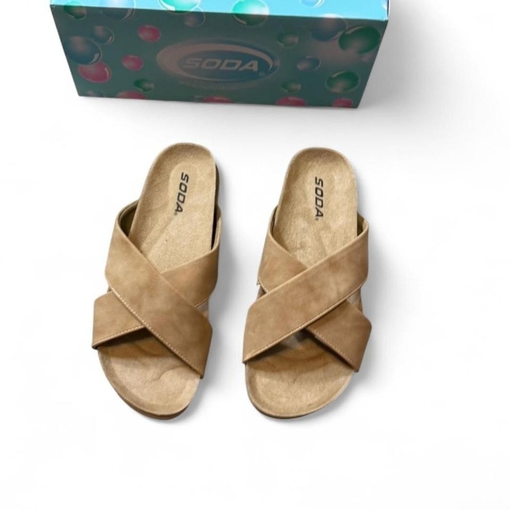 Camel Faux Suede‎ Criss Cross Slide Sandals
